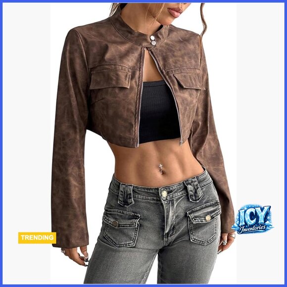 Jackets & Blazers - Faux Leather Cropped Jacket Vintage Zip Up Stand Collar Moto Biker